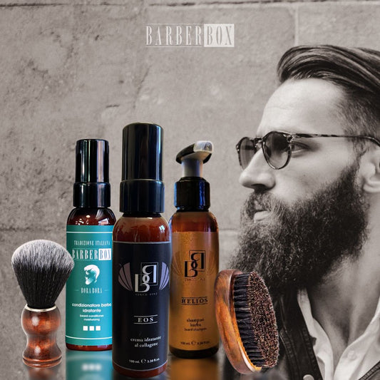 TRATTAMENTO BARBA PREMIUM - CREMA IDRATANTE AL COLLAGENE - SHAMPOO BARBA - CONDIZIONANTE BARBA- IN REGALO PENNELLO, CIOTOLA E PANNO CALDO DA BARBIERE